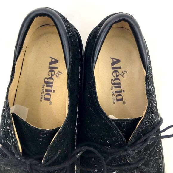 Alegria Bree Black Leather Floral Tooled Lace Up Sprigs Support Oxford Shoes - Picture 9 of 16